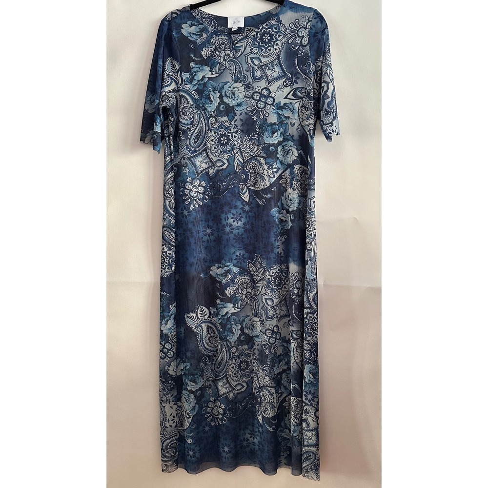 JADE Johnny Was Blue Paisley Floral Mesh Midi Dress Short Sleeve R37224-7 XL
